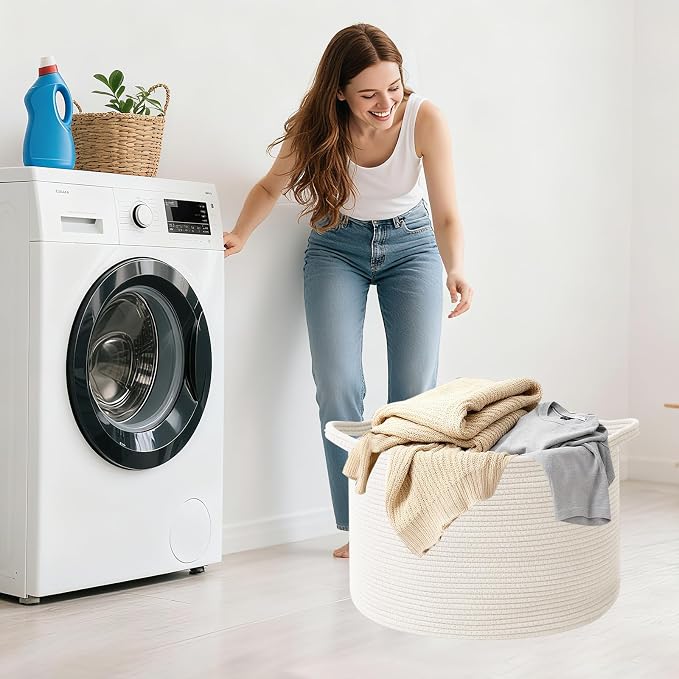 90L Large Blanket Basket,21.7"L x 21.7"W x 13.8"H Rope Woven Baskets with Handles, Toys Storage Bins,Laundry Basket Perfect for Living Room, Nursery,Bedroom,Home Organization,White