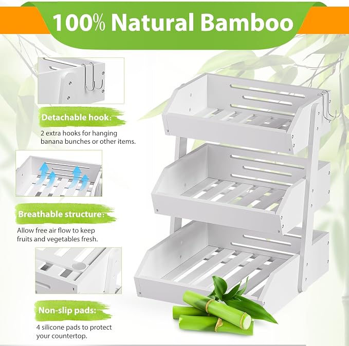Gmtsl Bamboo Fruit Basket for Kitchen, Fruit Holder for Kitchen Countertop | 3 Tier Fruit bowl for Kitchen Counter, Fruit Stand, Vegetable Basket Storage, Produce Organizer, Bread Snack Display(White)
