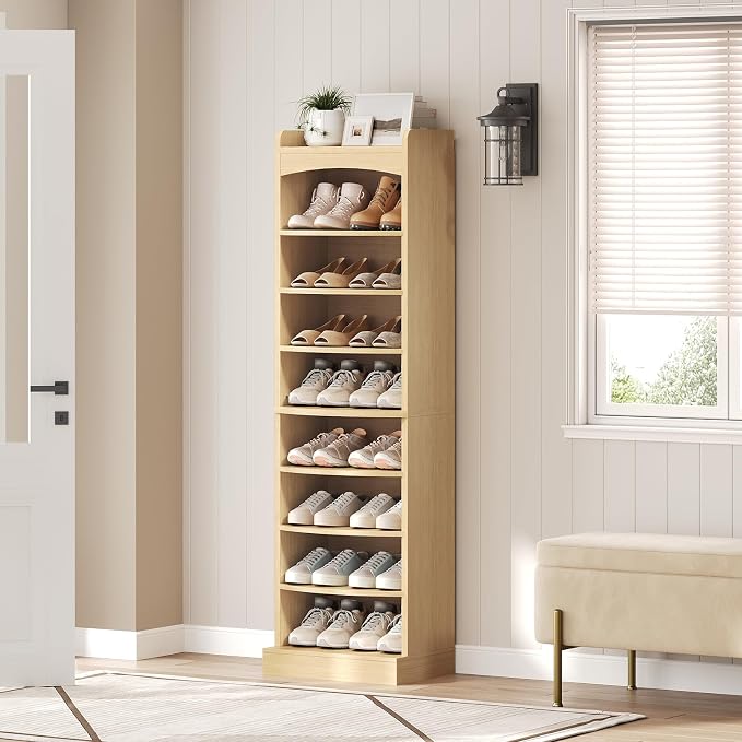 YATINEY 9-Tier Tall Shoe Rack, Wooden Shoe Storage Organizer, Narrow Shoe Cabinet with Removable Shelves for Small Spaces, Holds 18 Pairs of Shoes, for Entrance, Hallway, Natural SS22NL