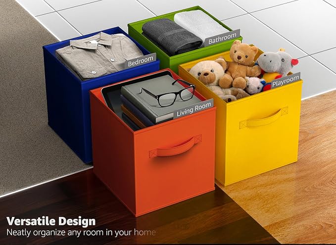 Sorbus 11 Inch Fabric Storage Cubes - Sturdy Collapsible Bins With Handle - 6 Foldable Baskets for Organizing Clothes, Toys, Books - Multi Colored Storage Baskets for Shelves, Kids Room, Closets