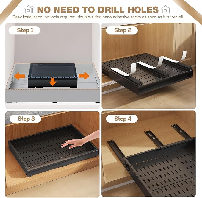 Seinloes 2 Pack Pull Out Cabinet Organizer With Raising Pad for Framed Cabinets,Expandable Width (13"-21") and Depth (17"-24"),3 Slide Rails Slide Out Drawers with Handle,No-Drill Roll Out Shelf,Black