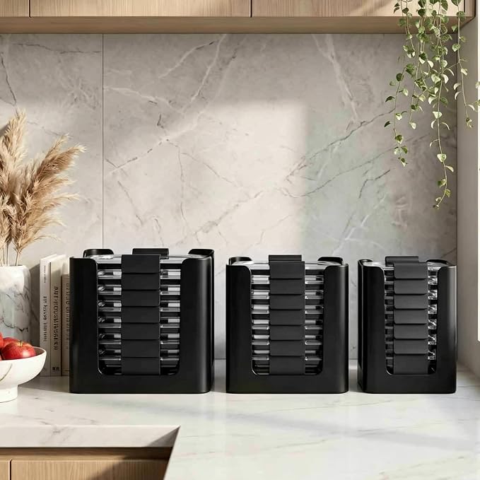 Stackable Food Container Lid Organizer, for Rubbermaid Brilliance Snap-on Lids, 3-Piece Kitchen Cabinet Storage Holds 24 Lids,Black