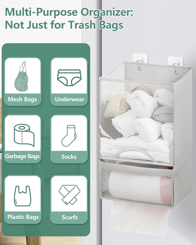 Bag Saver - Extra Large 2 in 1 Plastic Bag Holder Storage, Durable Mesh Grocery Hanging Trash Dispenser Roll Organizer for Home Kitchen/Bathroom/Laundry, Multi-purpose for Daily (Light Grey)