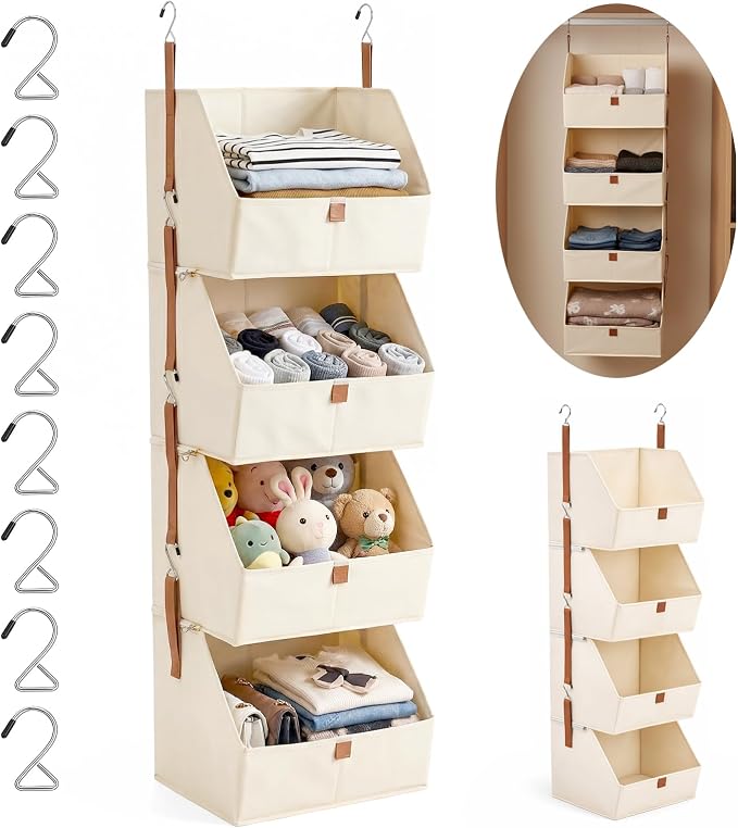 4-Tier Hanging Closet Organizer and Storage, Foldable Fabric Shelves with Hooks, Space-Saving Hanging Shoe Organizer for Bedroom, Dorm, RV, Beige