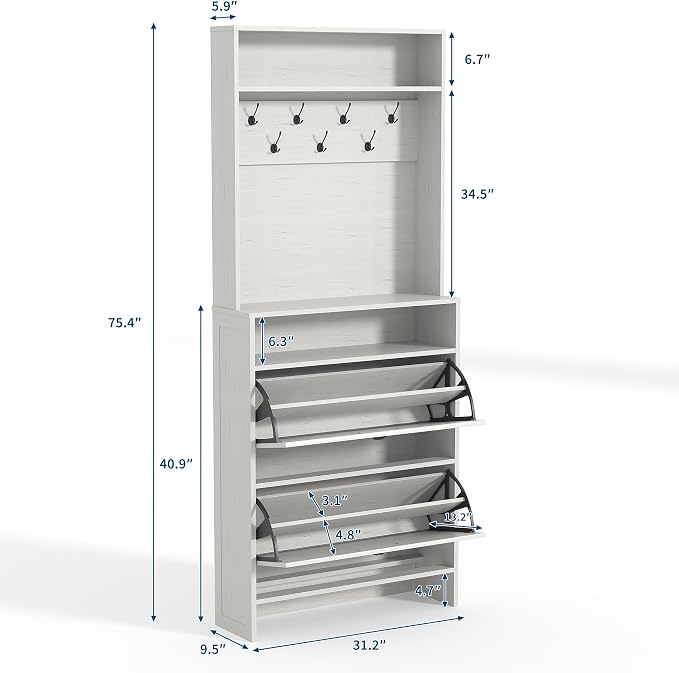 Garvee Shoe Cabinet with 2 Flip Drawers, 2-in-1 Hall Tree Shoe Storage Cabinet with Adjustable Shelf, Hidden Shoes Rack with Anti-Tipping Kit, Freestanding Shoes Rack for Entryway Hallway