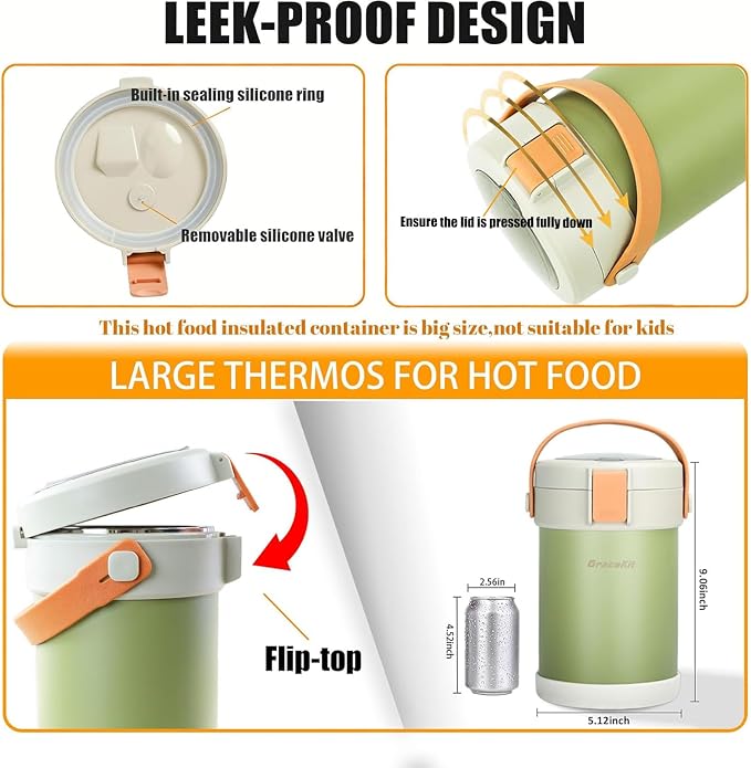 67oz/2L Thermo for Hot Food, 304 Stainless Steel Vacuum Insulated Soup Thermo, Leak-Proof Thermal Lunch Box with 3 Stackable Bento Boxes for Adults Office Travel Camping, Large thermo for hot food