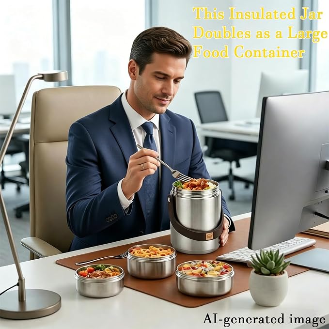 67 oz Stainless Steel Vacuum Insulated Food Jar, 3-Layer Stackable Design | Sealed Leak-Proof Wide Mouth Portable,Suitable for Daily Office Meals and Outdoor Meals (Silver)