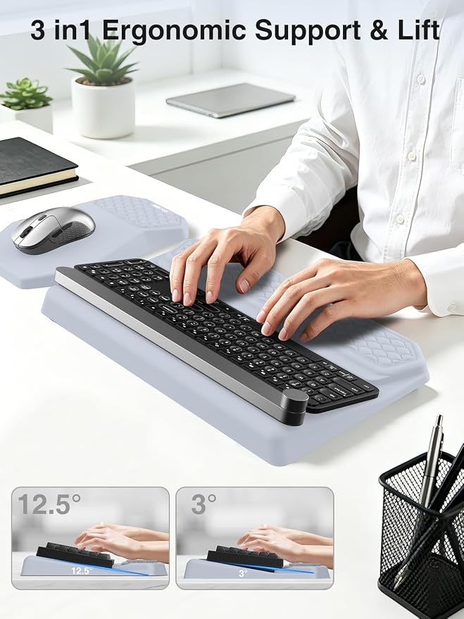 Ergonomic Wrist Rest with Keyboard Stand and Mouse Pad for Easy Typing | Keyboard Holder with Storage Slot, Mousepad for Carpal Tunnel Pain Relief with Massage Bulge and Slow Rebound Memory Foam