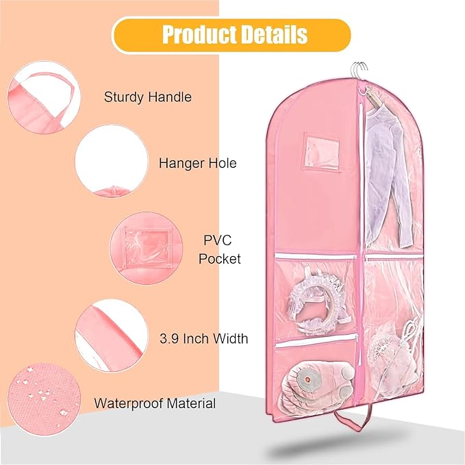 Clear Dance Costume Garment Bag for Dancers,40 inch Garment Bag for Dance Competitions with 5 Clear Zipper Pockets for Dance Costumes,Garment Bags for Hanging Clothes Travel Storage (Pink)
