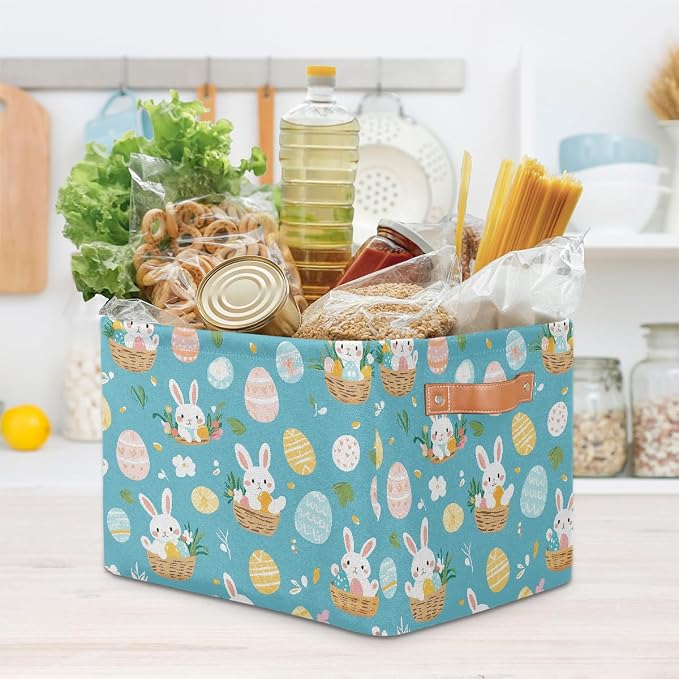 Cube Storage Bins for Shelves, Cute Easter Bunny Basket Egg Print Collapsible Fabric Toys Storage Basket Box with Handles for Home Office Bedroom Closet