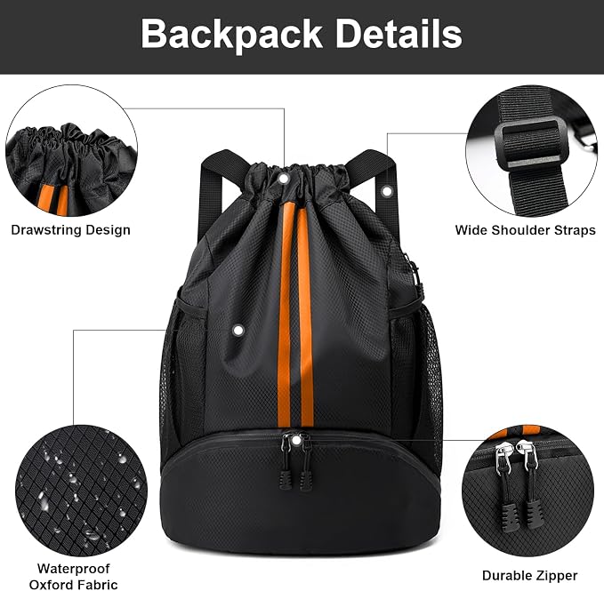 Hoedia Sports Drawstring Backpack - Swim Gym Bag for Women and Men | String Bag with Shoes Compartment and Wet Proof Pocket, Adjustable Wider Shoulder Strap, For Soccer, Basketabll, Volleyball