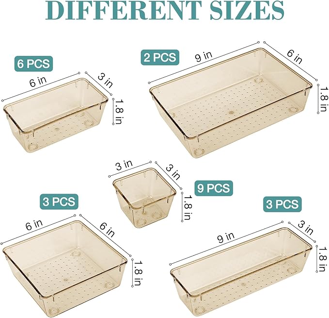 StorMiracle 23 PCS Drawer Organizer Set, 5 Varied Size Bathroom and kitchen Drawer cabinet organizer Trays, Clear Storage Bins for Makeup, Jewelry, Utensils and Gadgets, Champagne
