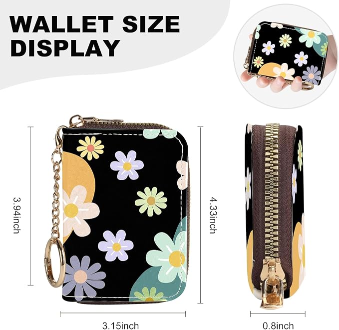 Credit Card Holder for Women,Small Rfid Wallet with Keychain Zipper,Cute PU Leather Card Case Wallet，Accordion Credit Card Wallets Gift,Green and Purple Flower C