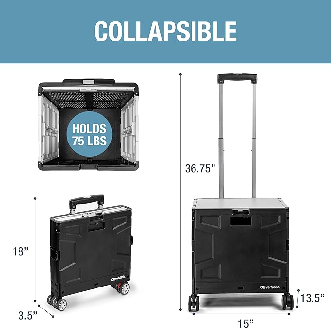 CleverMade Collapsible Crate on Wheels with Handle (35L, 4-Wheel) – Collapsible Rolling Cart with Lid, Foldable Utility Cart for Teachers, Groceries, Travel, Office Storage – Holds 75 lbs, Cool Gray