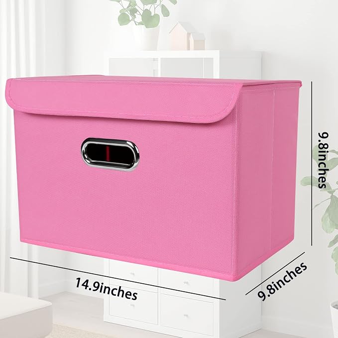 STOREONE Fabric Storage Cube Bins Foldable Organizer Container Collapsible Basket with Lids and Metal Handles, for Home, Bedroom, Closet 6 Pcs (Pink)