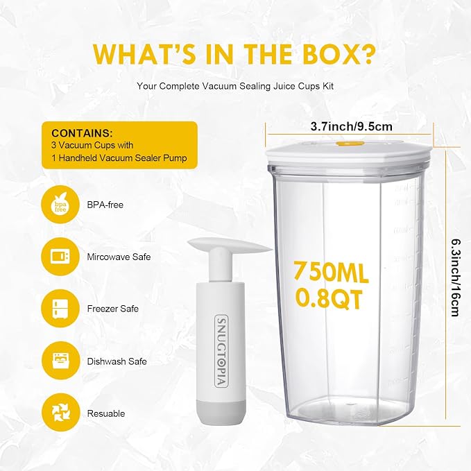 Vacuum Seal Juice Cups, Portable Leak Proof Drinking Storage Containers for Juice, Milk, Boba, Smoothie, Tea, Kombucha, 750ml (750mlx3)