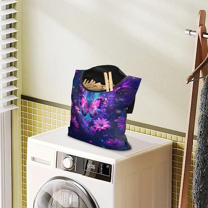 Purple Butterfly Clothes Pin Bag Flroal Clothes Pin Hanging Bag Fashion Clothespin Organizer Bag Portable Clothespin Storage with Large Opening Clothespin Storage for Small Items