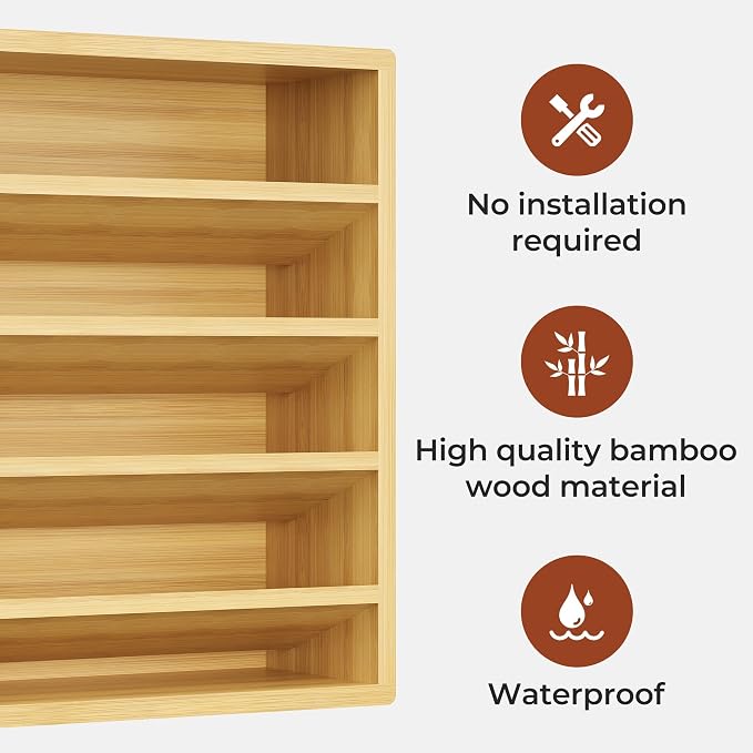 Orimade 4 Tier Spice Rack Organizer for Cabinet with 28 Plastic Spice Jars, Freestanding Bamboo Seasoning Rack for Countertop, Cupboard, Pantry, Kitchen, 13.18 x 4.13 x 12.2 inches