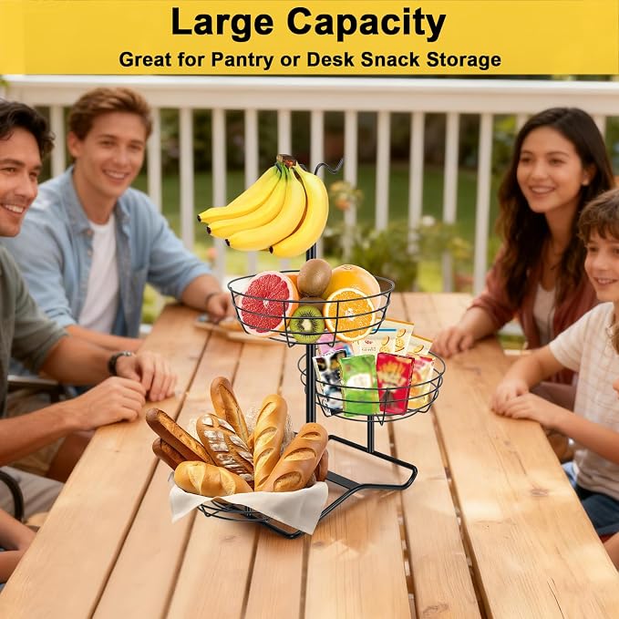 3 Tier Fruit Basket Bowl with 2 Banana Hooks, Solid Metal Standing Vegetable Storage for Kitchen Counter, Large Capacity Organizer for Bread Snack Produce (Black)