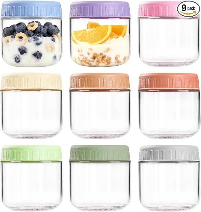 Overnight Oats Containers with Lids, 10oz Wide Mouth Mason Jars with Lids, 9 Pack Glass Jars with Airtight lid for Chia Pudding Yogurt Salad, Meal Prer Oatmeal Jars