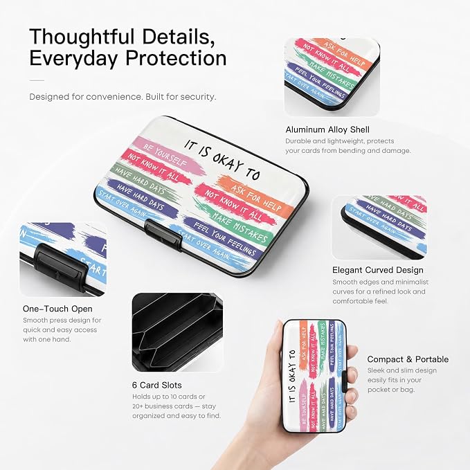 Credit Card Holder RFID Aluminum card case Its Okay mini Wallet Women Men | ABS Business ID Case,Hard Case Large Capacity 6 Slots, Waterproof Durable ，Secure Closure Slim Small Credit Card Protector
