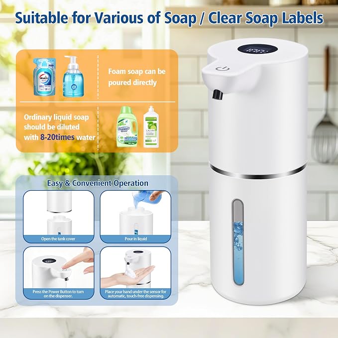 Automatic Foaming Soap Dispenser, Touchless, 350ml, White | Rechargeable Foam Soap Dispenser with Digital Display, 4 Adjustable Foam Levels, 11.8 oz Countertop or Wall Mounted