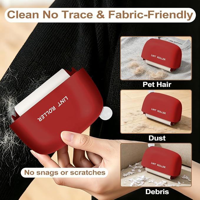 Disposable Mini Lint Roller with 4 Refills, ChristmasRed | Portable, Easy Tear Residue-Free, Pocket-Sized for Travel Clothes, Furniture, Carpets, Pet Hair Remover, Fits in Wallet Bag