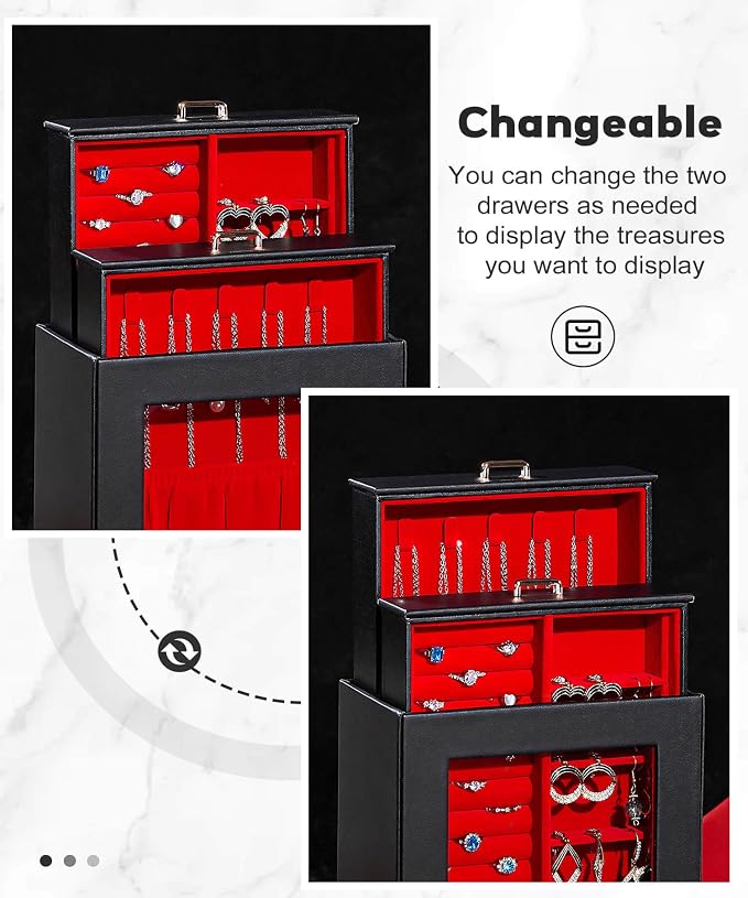 Homde Display Jewelry Box for Girls: Starter Organizer with Clear Window | Vertical Drawers for Earrings Rings Necklaces - Compact Footprint Fits Small Vanities - Birthday&Graduation Gift for Teens