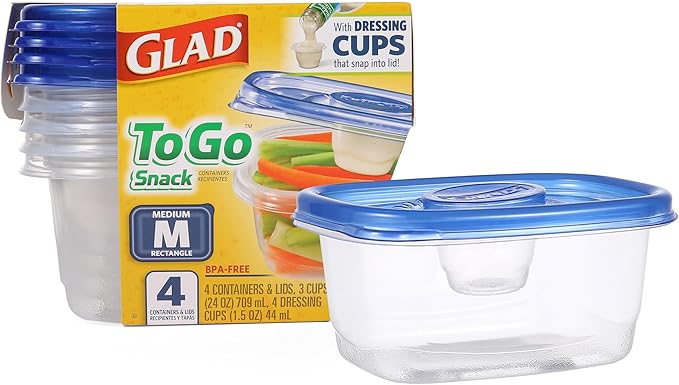 Glad GladWare To Go Snack Food Storage Containers with Lids, Medium Rectangle BPA Free Plastic with Built-In Dressing Cup for Salads and Snacks, Microwave Dishwasher Safe, 24 Oz, 4 Count