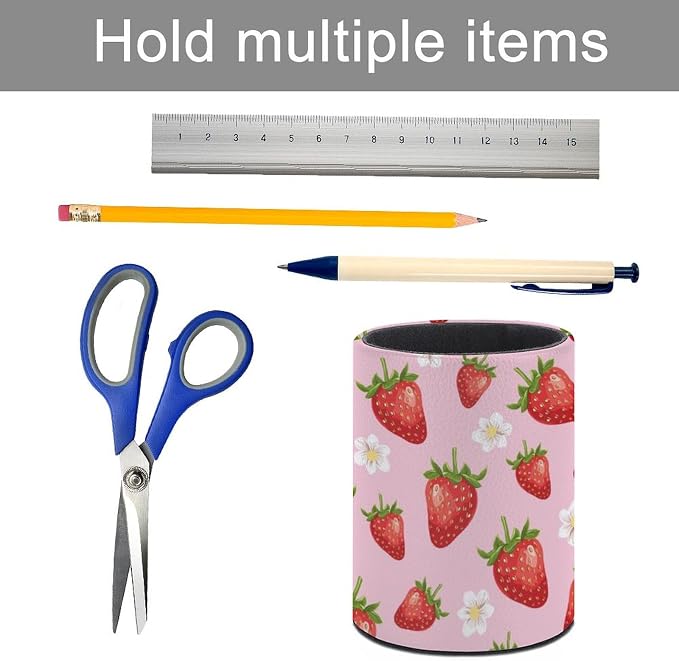 Strawberry Pen Holder Pencil Cup for Desk Organizer | Cute Makeup Brush Holder PU Multifunctional Office Suppliesfor Decor Home Classroom School