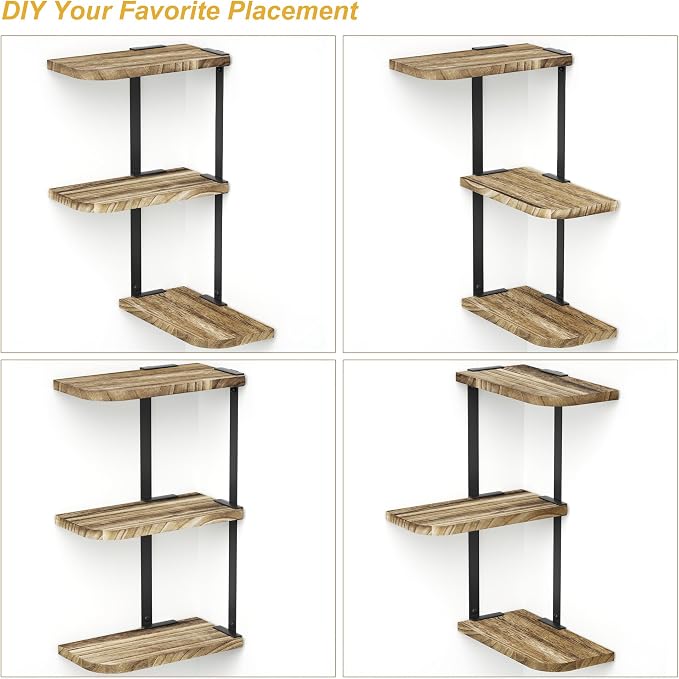 Love-KANKEI Corner Wall Shelf,3-Tier,Solid Wood,17" Tall,Carbonized Black | Easy to Install,26 lb Capacity,Floating Shelves & Brackets,For Bedroom,Living Room,Bathroom.Kitchen,Office Display,Wall Decor