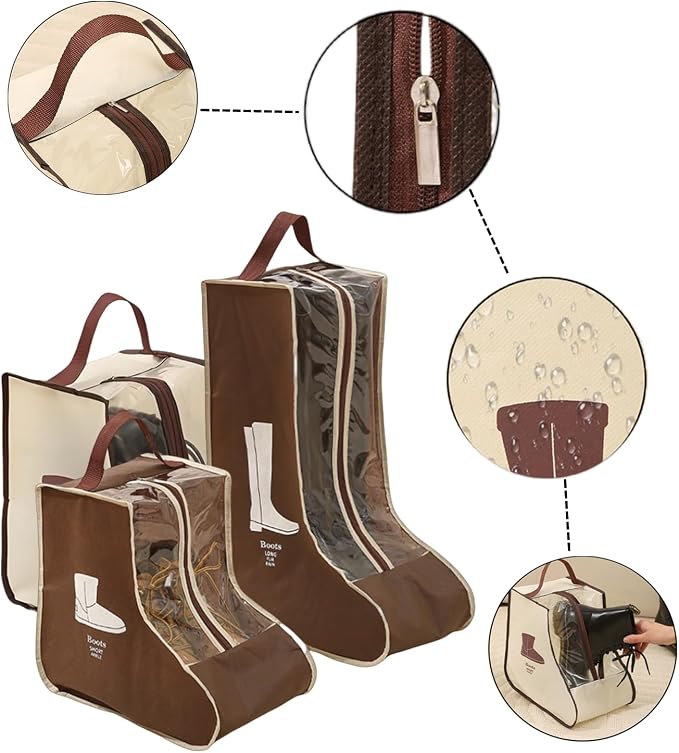 Rikyo 2 Set Brown Shoe Storage,Portable Tall Boots Storage&Protector Bag | Protector Bag,Shoe Dust Bags,Shoe Sleeves for Travel,Clear Window Boots Cover,Shoes Packing Organizers for Adult Sneakers