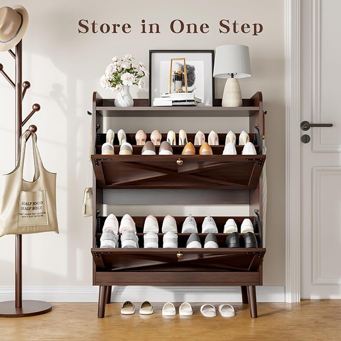 Shoe Storage Cabinet with 2 Flip Drawers & Adjustable Shelves, Freestanding Shoe Cabinet with Side Hooks Narrow Shoe Rack Cabinet for Entryway, Hallway, Rustic Brown