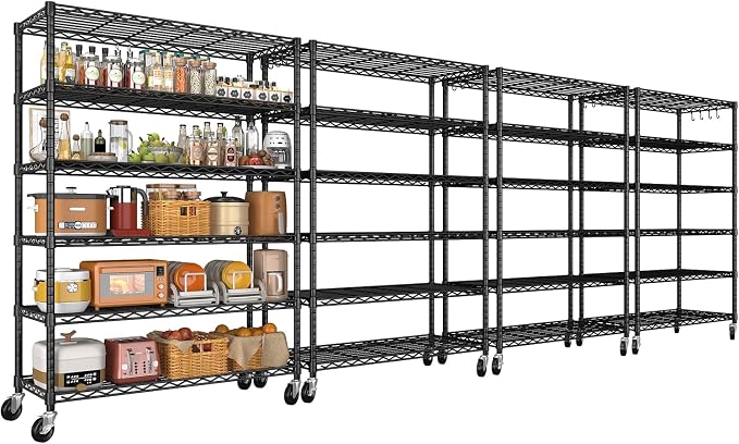 4Pack Wire Shelving 1500lbs 6 Tier Storage Shelves with Wheels NSF Certified Heavy Duty Steel Metal Shelf Adjustable Rolling Rack Kitchen Garage Closet Pantry Laundry 36" Wx16 Dx79 H