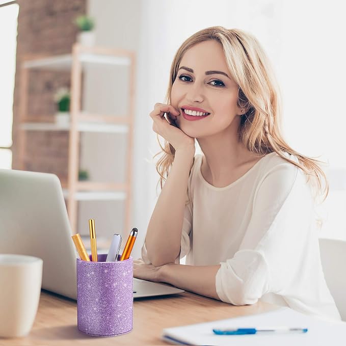 Outus Back to School Supplies PU Glitter Pen Holder Pencil Cup Shiny for Women Girls, Luxury Makeup Brush Holder PU Leather Organizer Cup Gift for Desk Office Classroom Home(Purple)