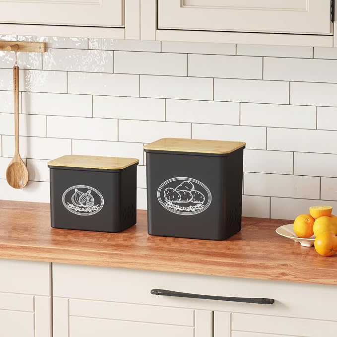 Lifewit Plastic Potato and Onion Storage Bin Box, Set of 2, Black | Stackable Garlic Keeper, Vegetable Container Box, Aerating Holes & Lid for Pantry Countertop