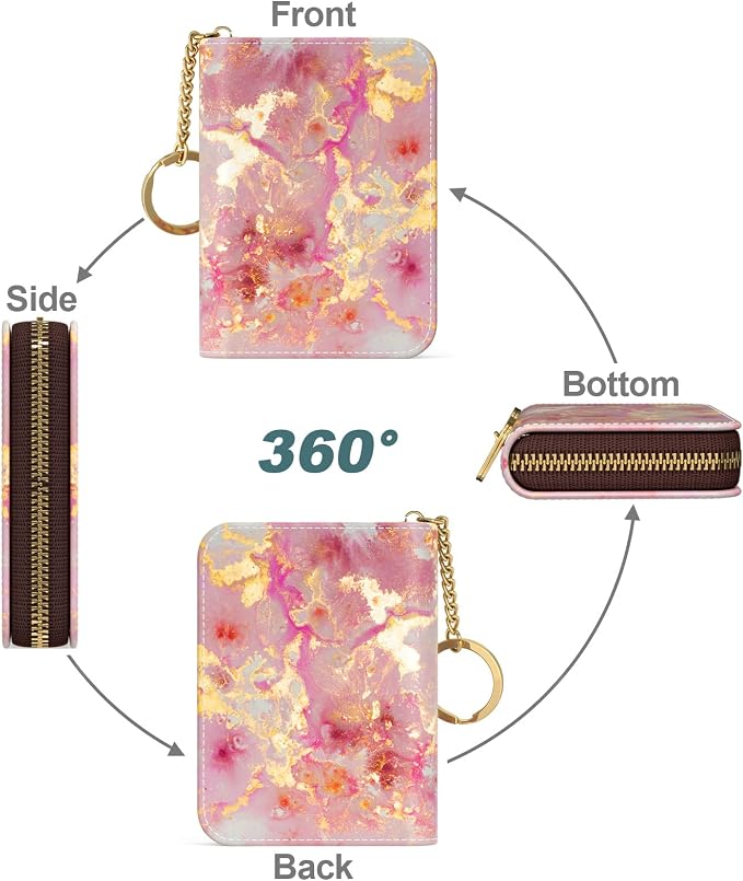 Nipichsha Credit Card Holder, Small RFID Card Wallet for Women, Slim Leather Card Holder Wallet, Credit Card Wallet Organizer, Pocket Business Card Case with Zipper & Keychain, Gold Pink Marble