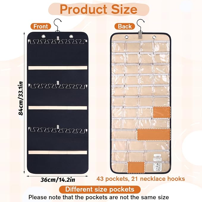 Hanging Jewelry Organizer, Double-Sided Necklace Holder with 43 Clear Pockets & 21 Hooks Jewelry Storage Roll with Hanger for Earrings, Necklaces, Rings on Closet, Wall, Door (33.1 x 14.2 Inch)