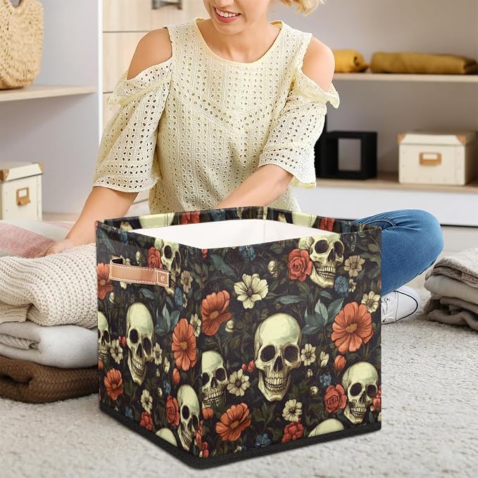 TropicalLife Floral Skull Storage Cube, 13 Inch Fabric Cube Storage Organizer Bin for Shelves Clothes, Decorative Foldable Storage Boxes