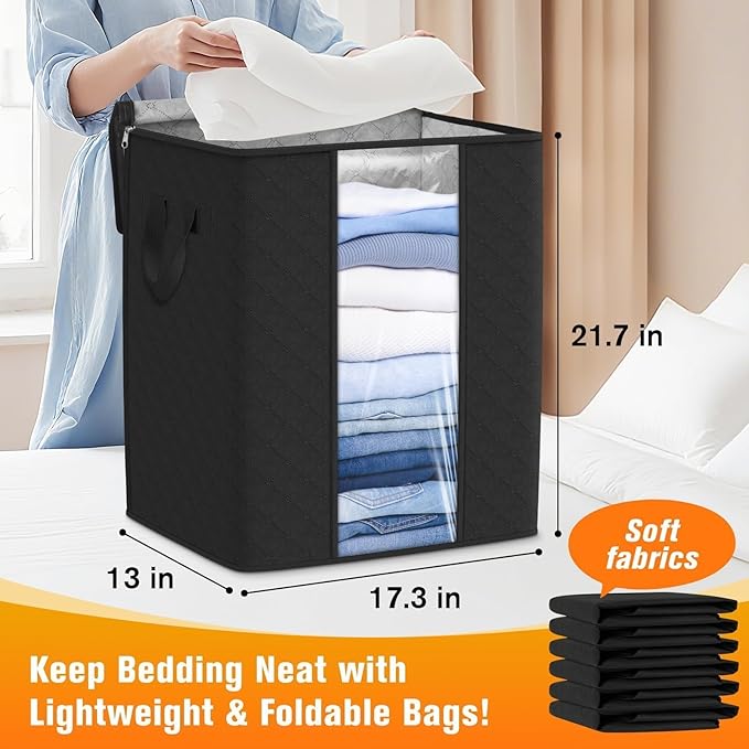 SpaceTrove Clothes Storage Bags, 10-Pack Comforter Blanket Organizers, 80L Large Capacity Containers with Visual Window for Clothing, Quilt, Sheet, Pillow, Closet Organization for Bedding (Black)