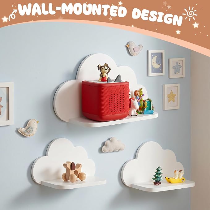 Floating Cloud Shelves,Set of 3 Wall Mounted White Wavy Shelves | White Wall Shelf Floating Wooden Wall Mounted Shelves Clouds Dispaly Shelf for Kid’s Room,Toys, Plants & Storage
