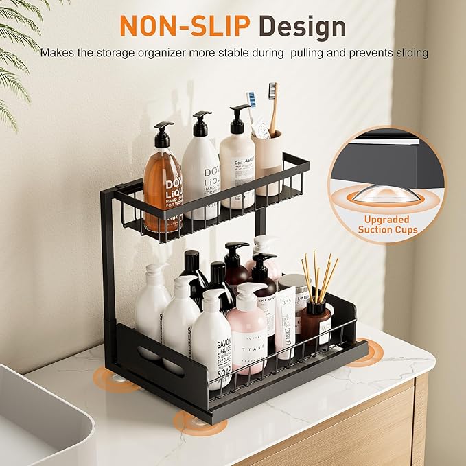Under Sink Organizer,Metal Pull Out Cabinet Organizer Shelf,Kitchen Bathroom Organizers with Sliding Drawer,Storage Shelves,Storage and organization for Home,Laundry,RV,Pantry,Spice,Black,1 Pack
