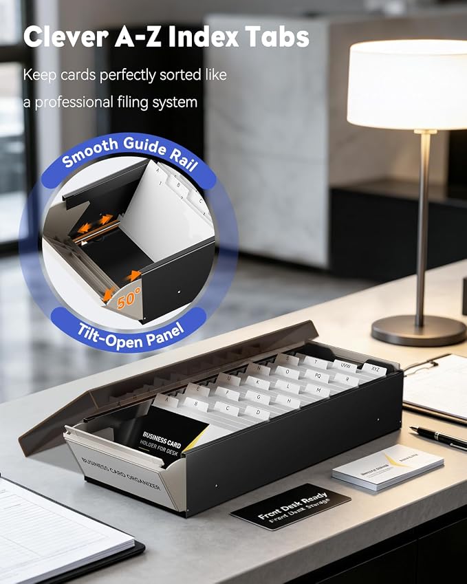 Uniclife Business Card Holder for Desk, Large Business Card Organizer | 800 Card Capacity Metal Business Card Box with Lid & A-Z Index Tabs, Desktop Credit Card Holder, Name Card Storage Box