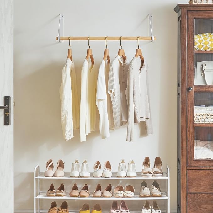 IBUYKE Wall Mounted Clothes Rack Set of 2, Wood Wall Mounted Clothes Rail, Space-Saving Hanging Closet Rod, Modern Wardrobe Coat Rack for Entrance, Wall, Door, Bathroom, Bedroom, White TYJ005W-2
