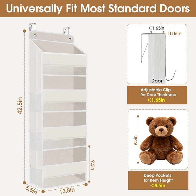 WISELIFE Over The Door Organizer Storage with 4 Large Pockets Door Hanging Organizer with Clear Windows behind The Door Storage for Nursery Bedroom Bathroom Pantry Closet and Baby Essentials Beige