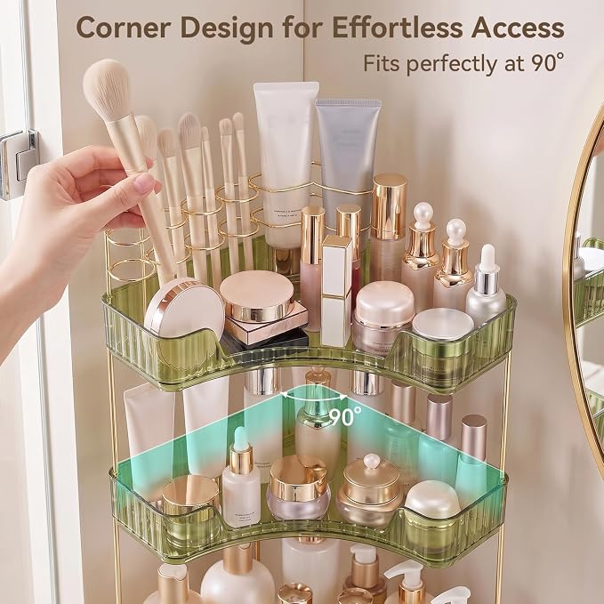 3-Tier Corner Bathroom Counter Organizer with Makeup Brush Holder, Green | Large Makeup Organizers for Vanity, Corner Bathroom Countertop Organizer for Cosmetic Perfume Skincare Storage