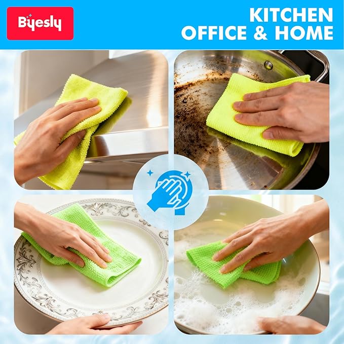 12-Pack Microfiber Cleaning Cloth, 11.5x11.5 Microfiber Towels for Cars, Dishes & House, For Detailers, Chefs & Efficient Home | Scratch-Free, Lint-Free, Ultra Absorbent(Green/Blue/Yellow/Pink)