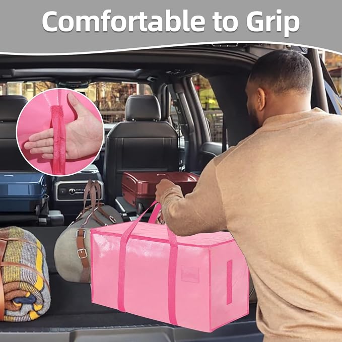12 Pack-Extra Large Heavy Duty Moving Bags - Waterproof Storage Totes with Handles & Zippers, Foldable for College Dorm, Storage (Pink)
