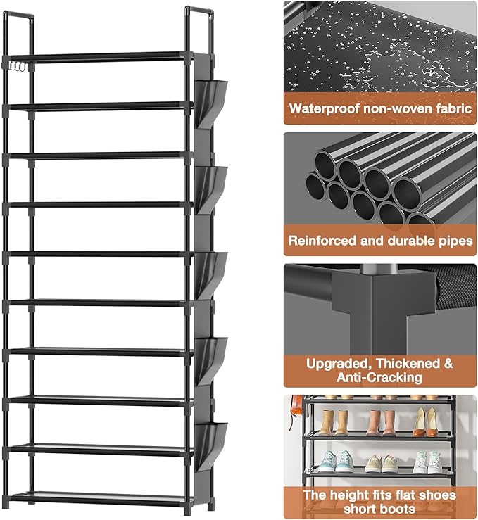LUKYTOWER Tall Shoe Rack - 10 Tier Shoe Organizer 30-35 Pairs Boot Storage | with 5 Hooks, Pocket & Sturdy Large Vertical Shoe Shelf Stand Tower, Closet, Entryway, Bedroom, Garage, Free Standing