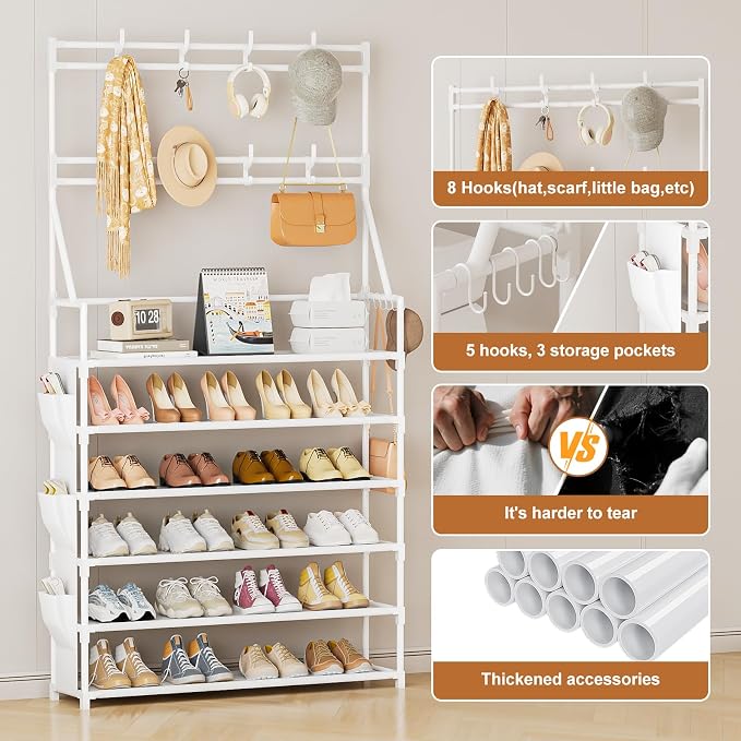 OYREL Shoe Rack 6 Tier Shoes Organizer 24-30 Pairs | Shoe Racks for Closet Front Door Entrance Large Capacity Space Saving Shoe Storage Organizer with 5 Hooks and Side Pocket